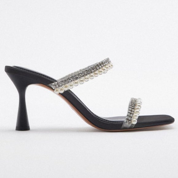 NEW ZARA Rhinestone Pearls Heeled Sandals, Black, good for US6.5 / US 7 - Picture 2 of 8